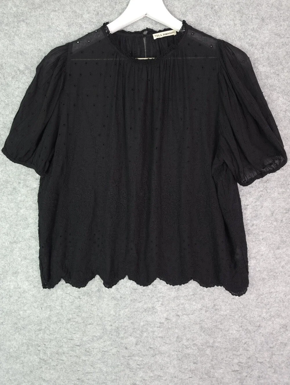 Ulla Johnson Black Sheer Swiss Dot Ruffle Neck Blouse